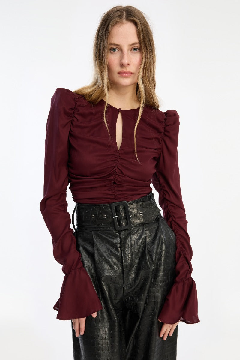 Rotate Top - Chiffon Ruched LS Top